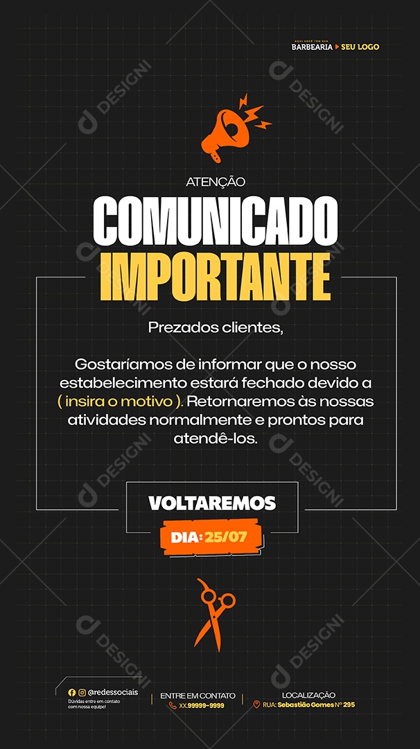 Story Barbearia Comunicado Importante Social Media PSD Editável