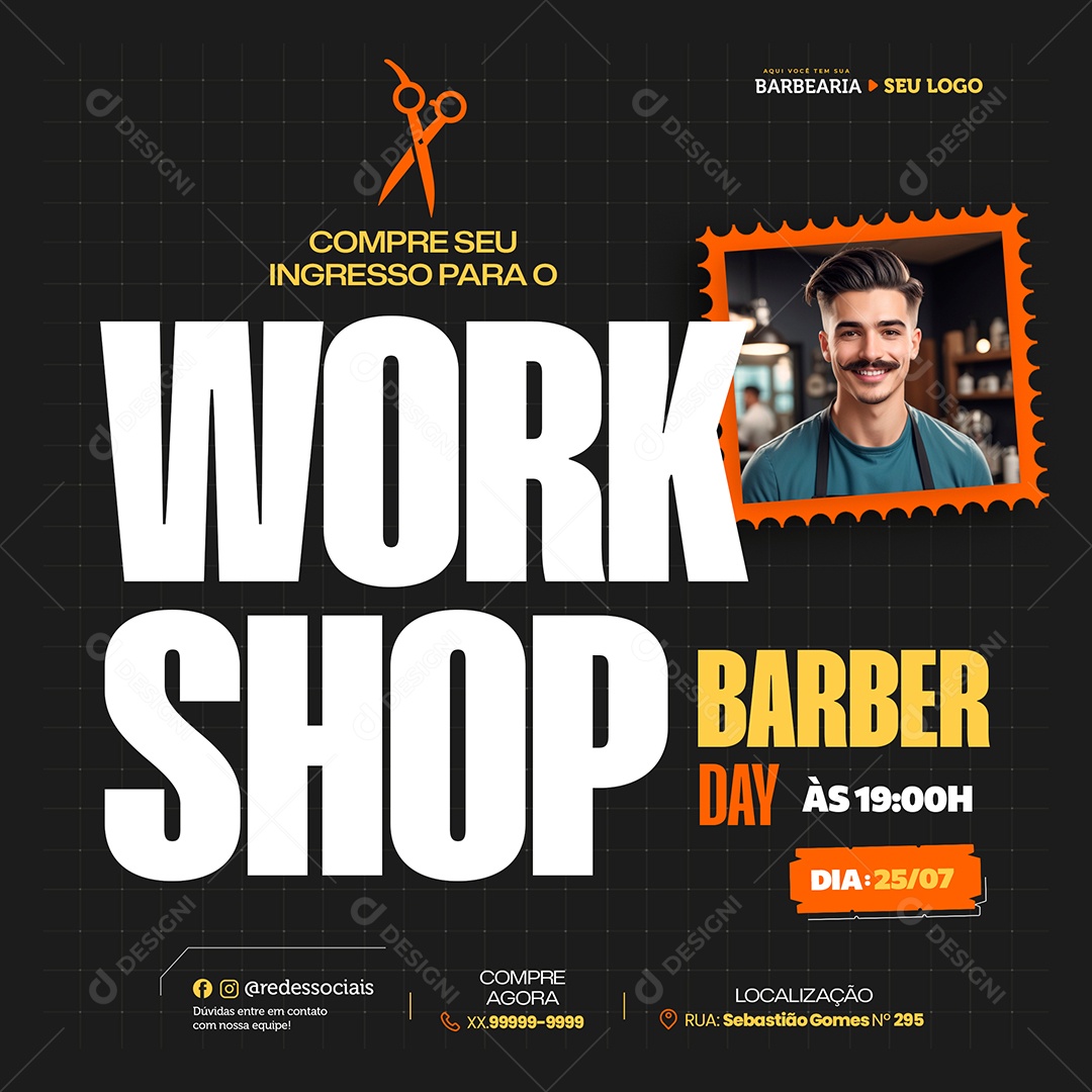 Barbearia Workshop Barber Social Media PSD Editável