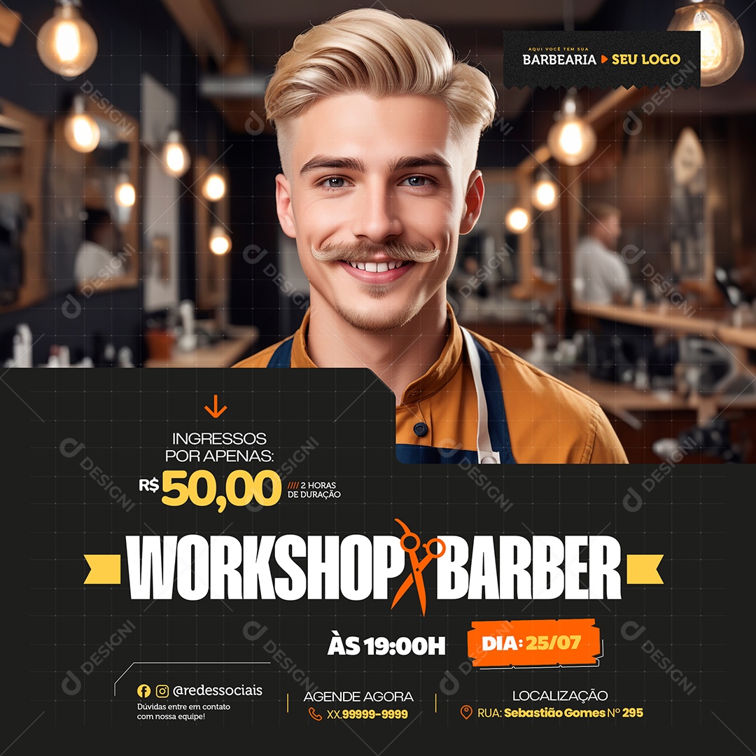 Barbearia Workshop Barber Social Media PSD Editável