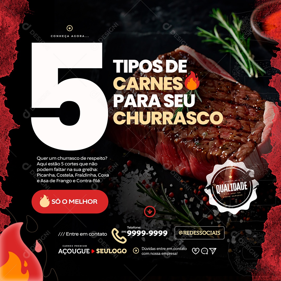 Açougue 5 Tipos de Carnes Social Media PSD Editável