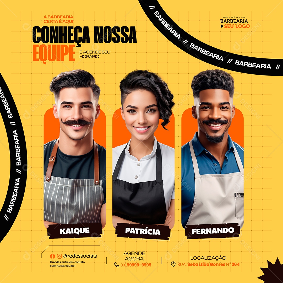 Barbearia Conheça Nossa Equipe Social Media PSD Editável