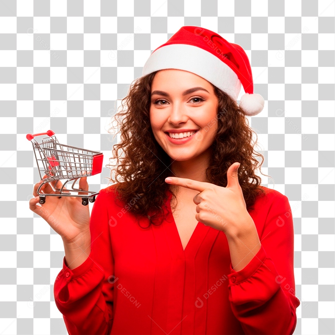 Mulher com Gorro Natalino Segurando Carinho PNG Transparente