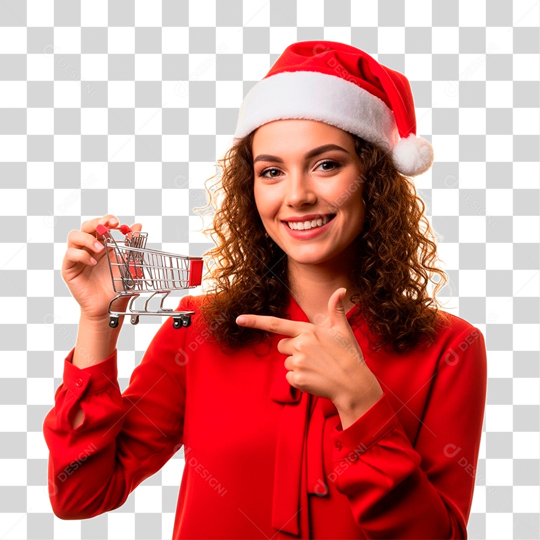 Mulher com Gorro Natalino Segurando Carinho PNG Transparente