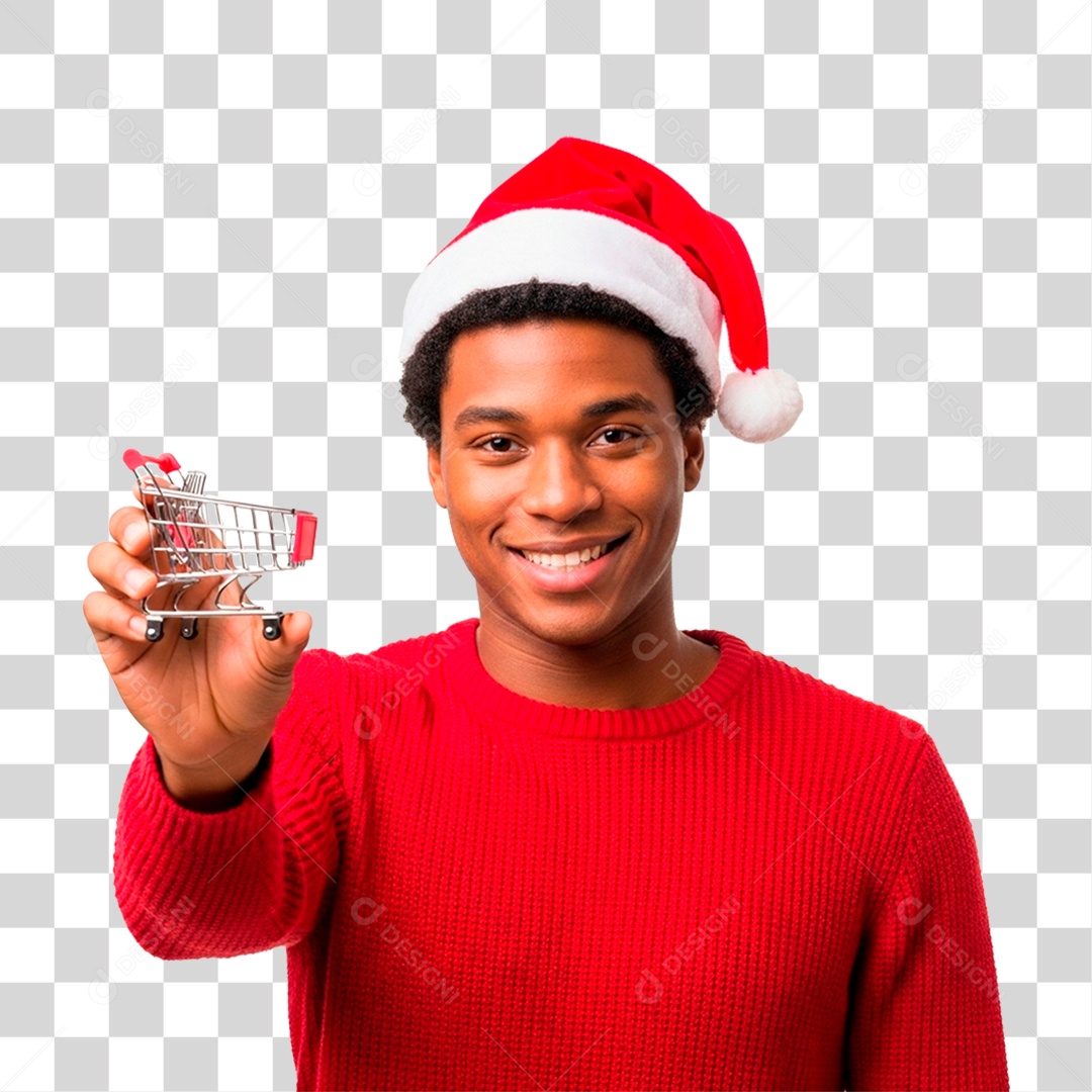 Homem com Gorro Natalino Segurando Carinho PNG Transparente