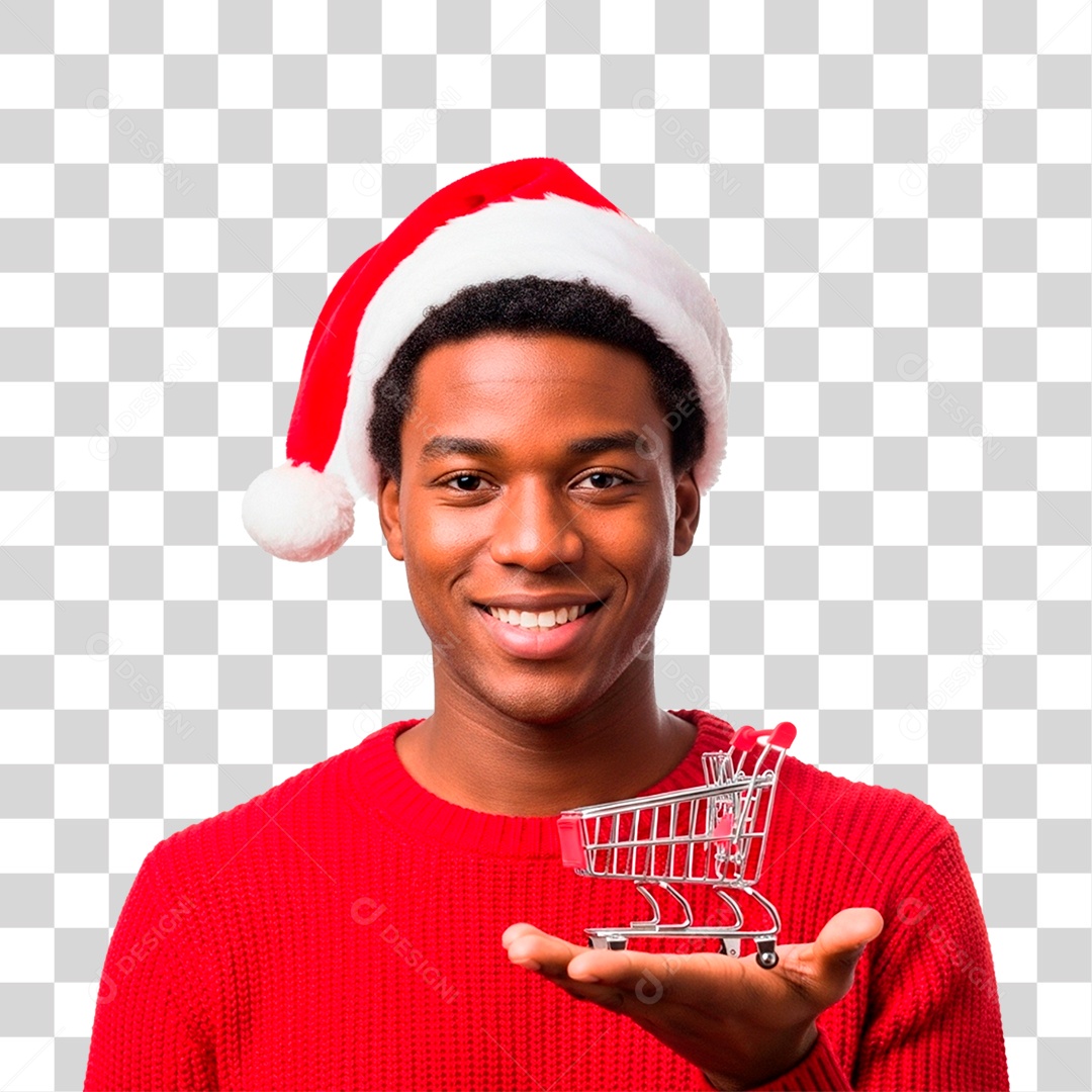 Homem com Gorro Natalino Segurando Carinho PNG Transparente