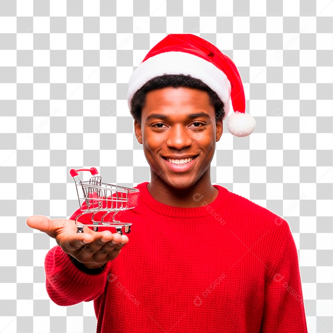 Homem com Gorro Natalino Segurando Carinho PNG Transparente