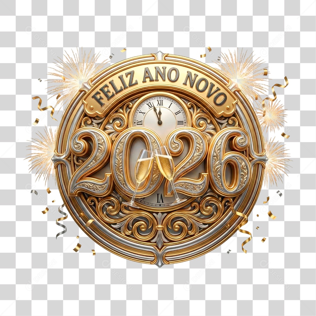 Selo 3D Feliz Ano Novo 2026 PNG Transparente