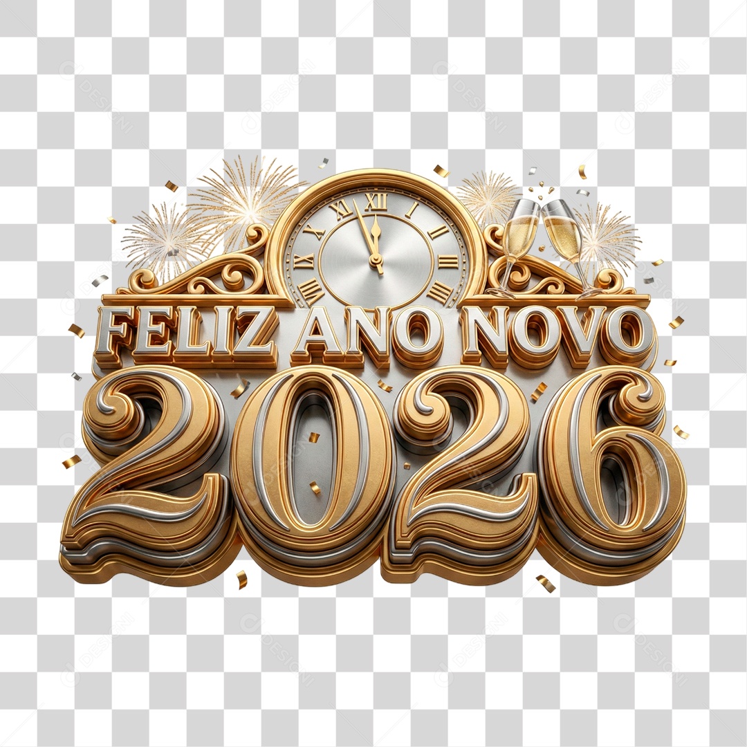 Selo 3D Feliz Ano Novo 2026 PNG Transparente