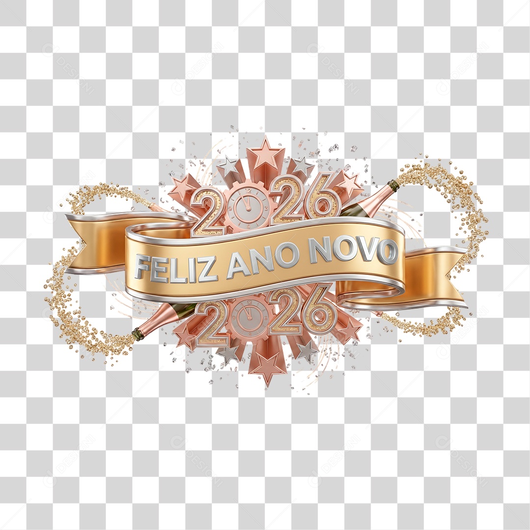 Selo 3D Feliz Ano Novo 2026 PNG Transparente
