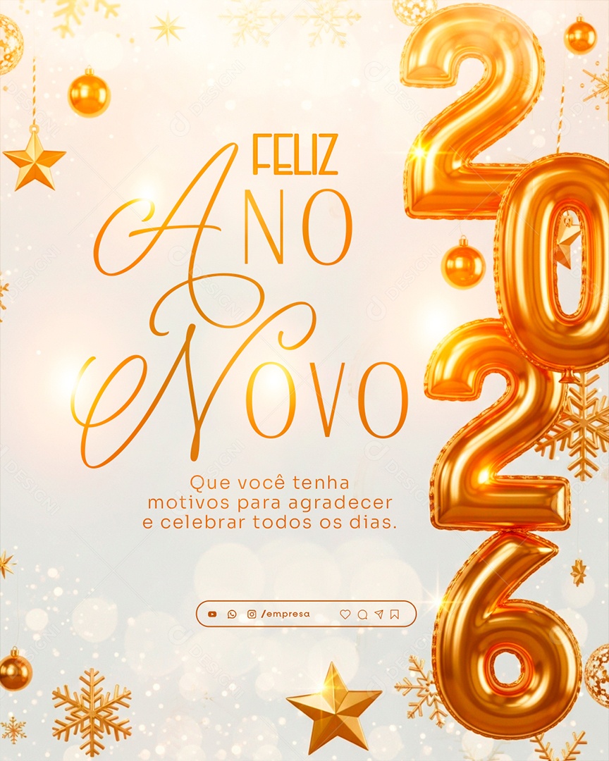 Feliz Ano Novo 2026 01 de Janeiro Social Media PSD Editável