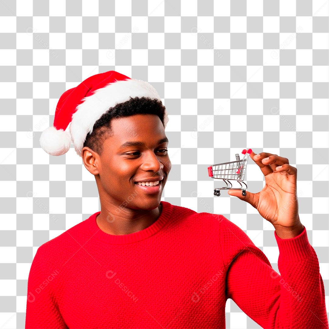 Homem de Gorro Natalino Segurando Carinho PNG Transparente