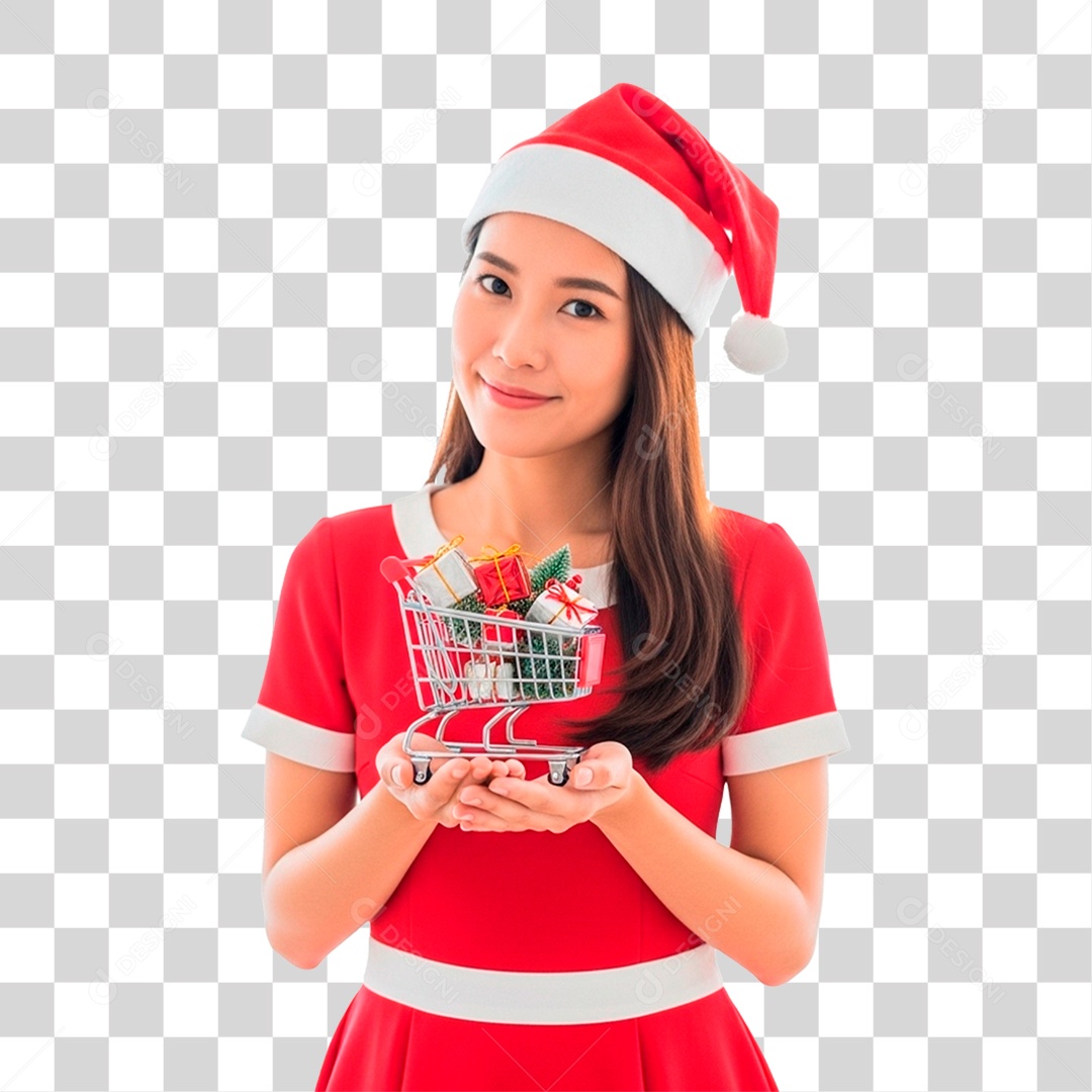 Mulher de Gorro Natalino Segurando Carinho PNG Transparente