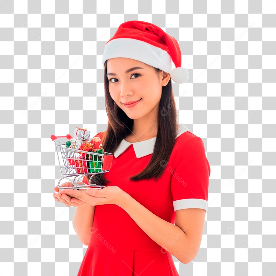 Mulher de Gorro Natalino Segurando Carinho PNG Transparente