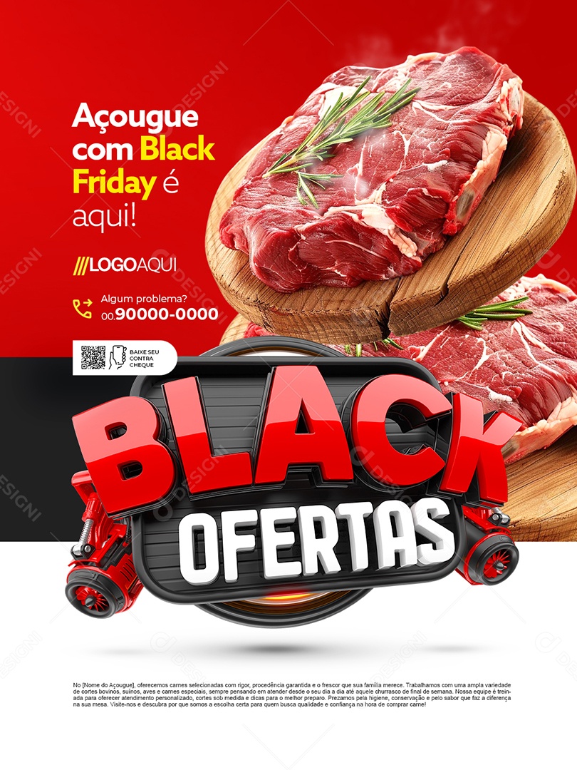 Black Ofertas Açougue com Black Friday é Aqui Social Media PSD Editável
