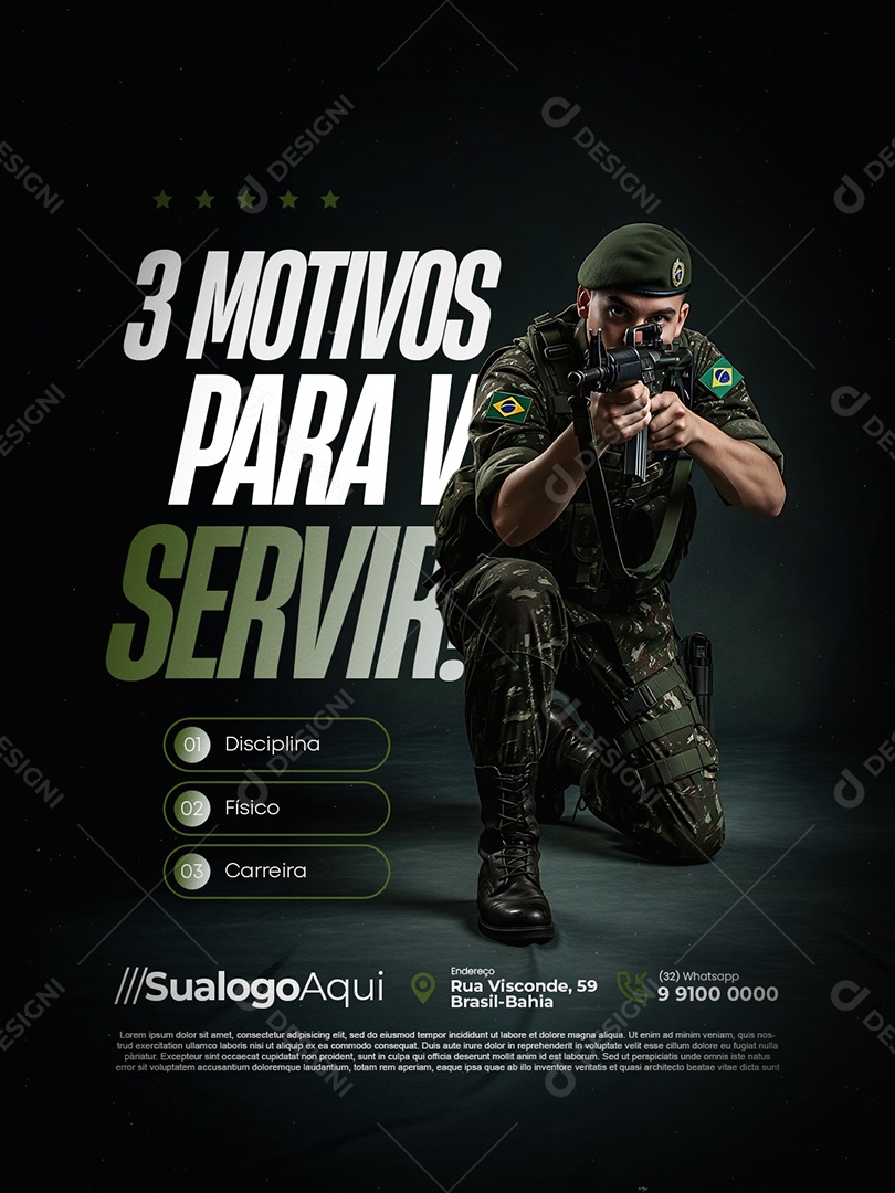 Recrutamento Militar Três Motivos para Vim Servir Social Media PSD Editável