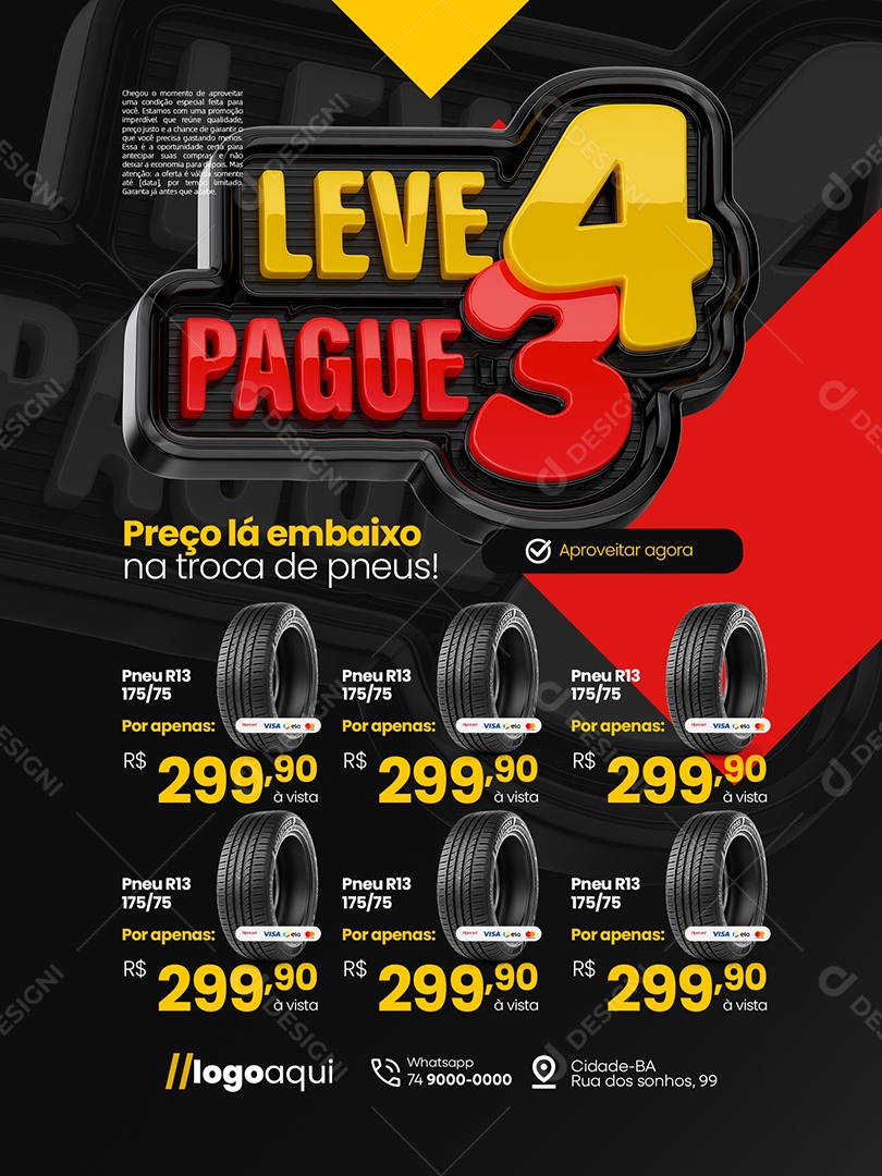 Loja de Pneus Leve 4 Pague 3 Encarte Preço Lá Embaixo na Troca de Pneus Social Media PSD Editável