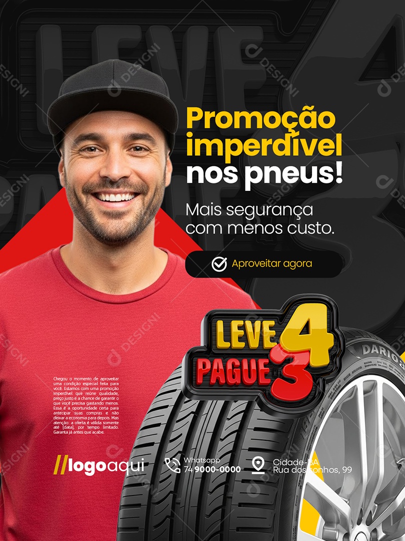 Loja de Pneus Leve 4 Pague 3 Promoção Imperdível nos Pneus Social Media PSD Editável