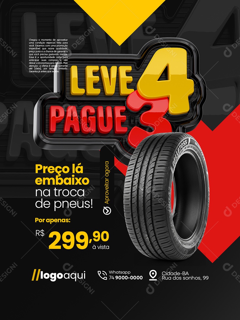 Loja de Pneus Leve 4 Pague 3 Preço Lá Embaixo na Troca de Pneus Social Media PSD Editável