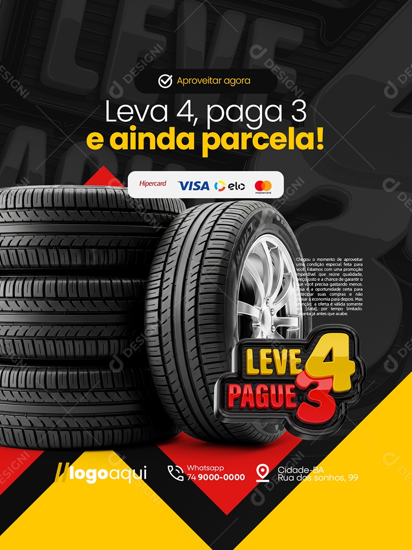 Loja de Pneus Leve 4 Pague 3 e Ainda Parcela Social Media PSD Editável