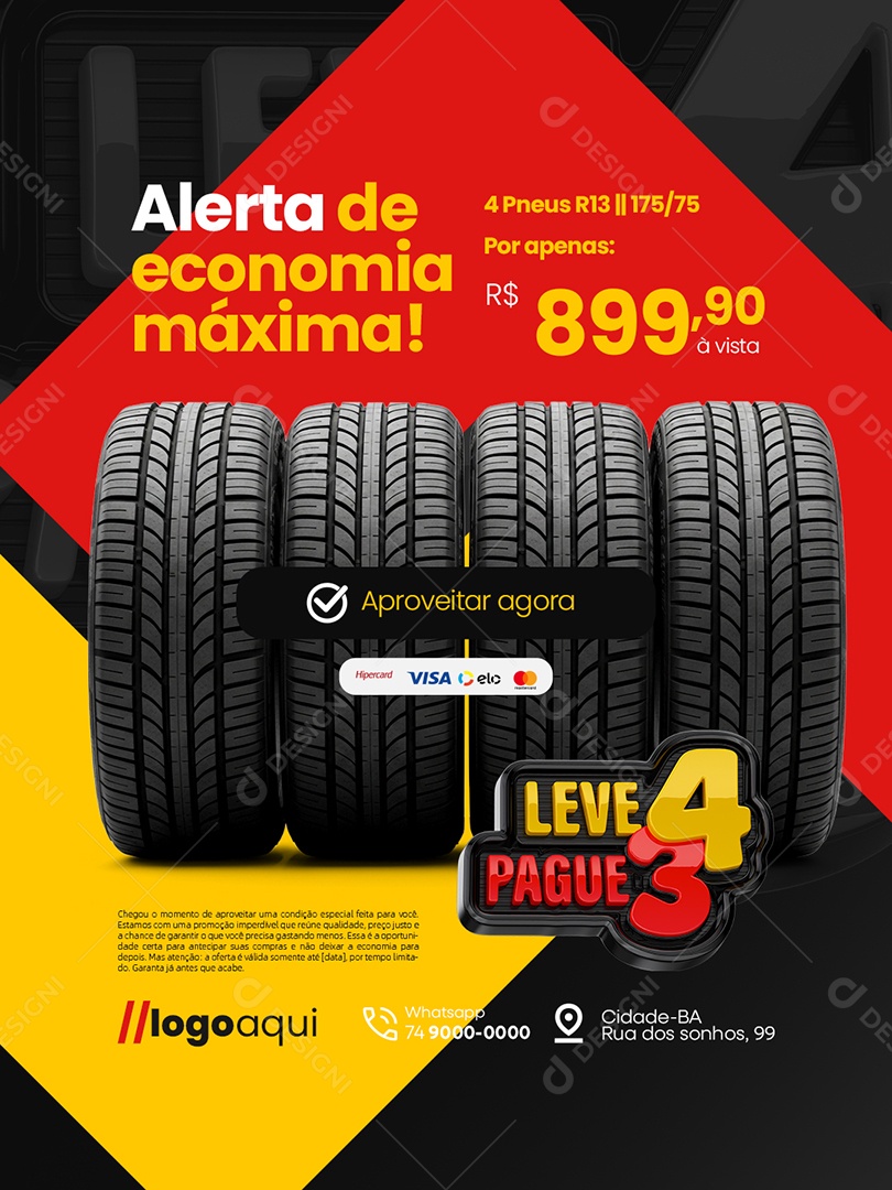Loja de Pneus Leve 4 Pague 3 Alerta de Econmoia Máxima Social Media PSD Editável