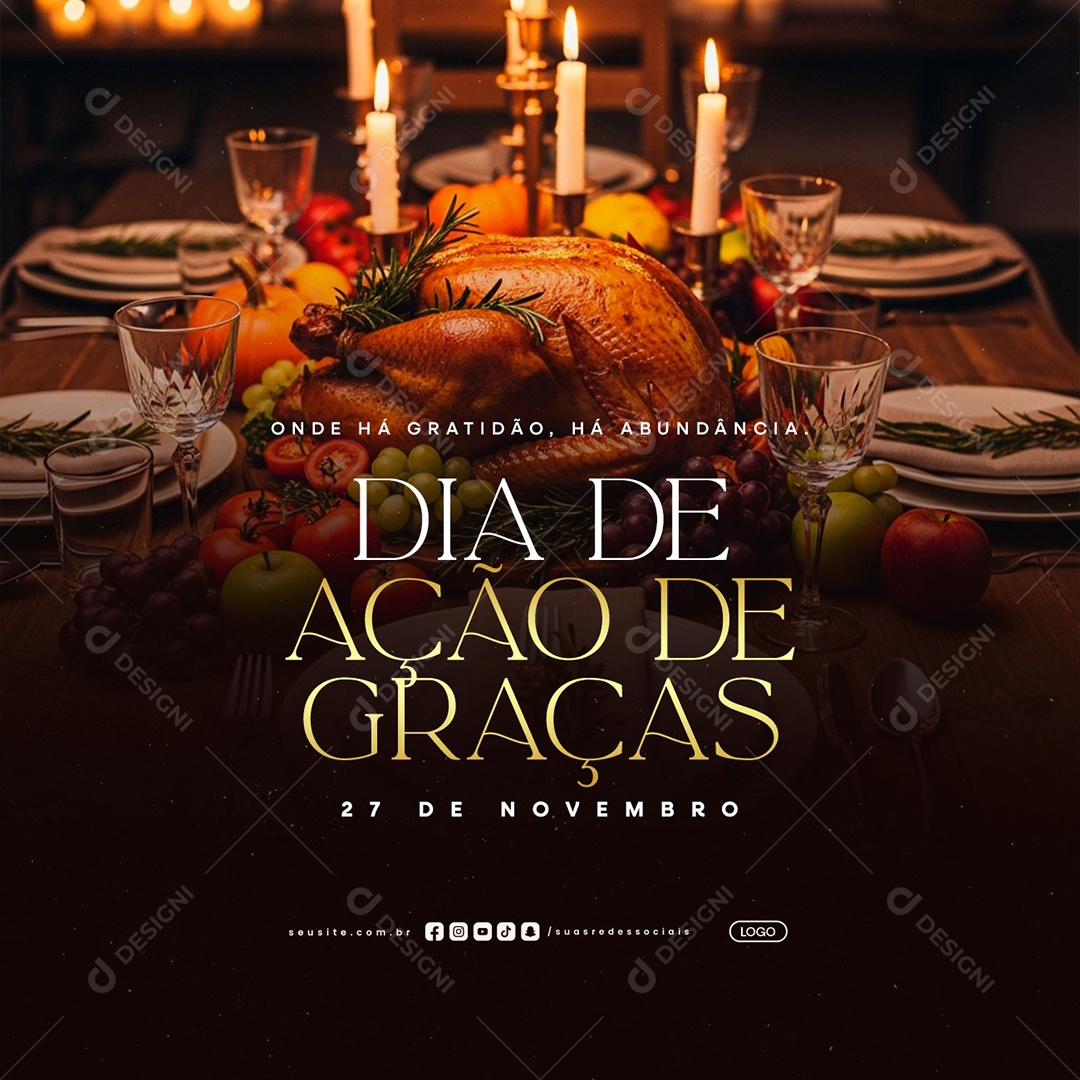 Dia de Ação de Graça 27 de Novembro Onde Há Gratidão Social Media PSD Editável
