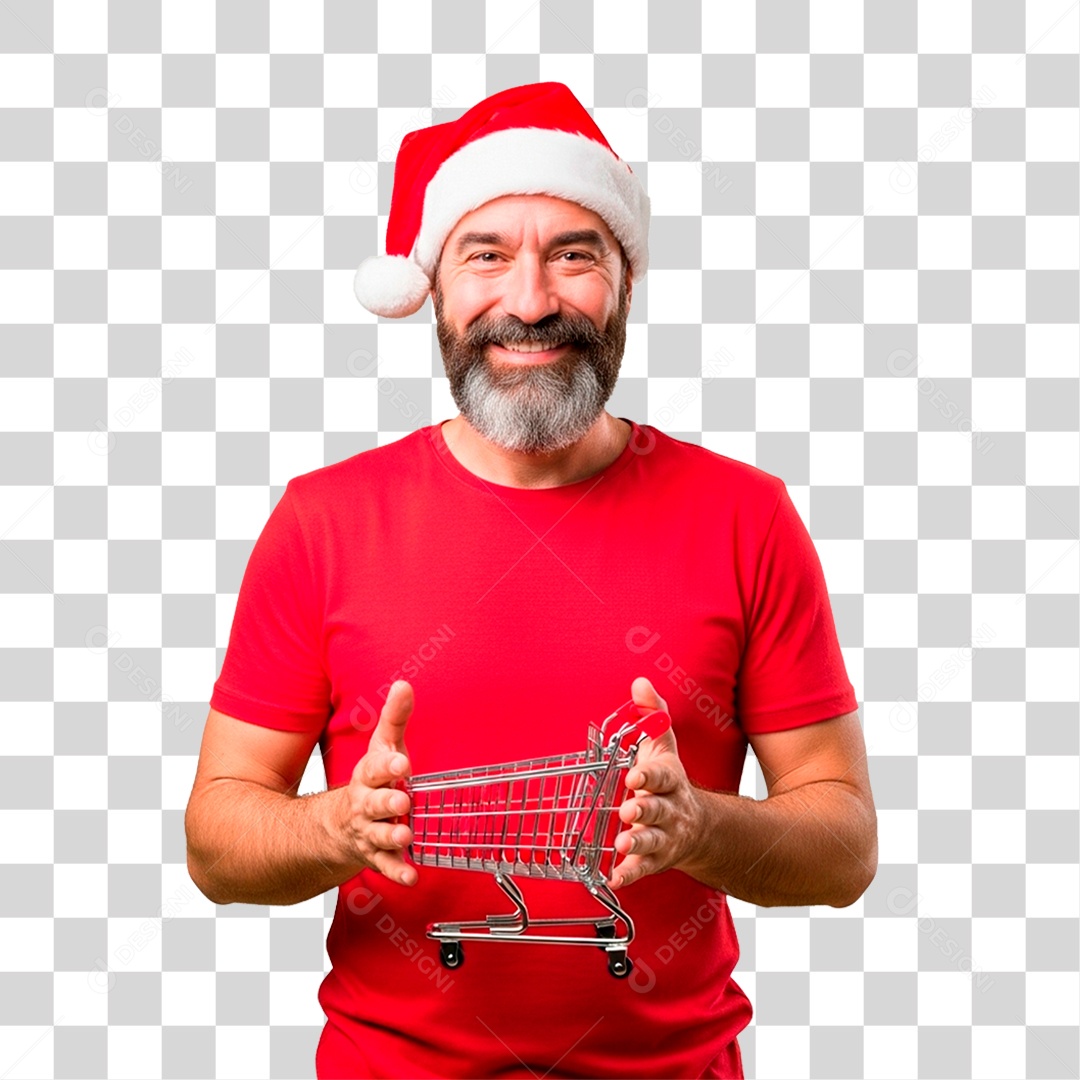 Homem de Gorro Natalino Segurando Carinho PNG Transparente