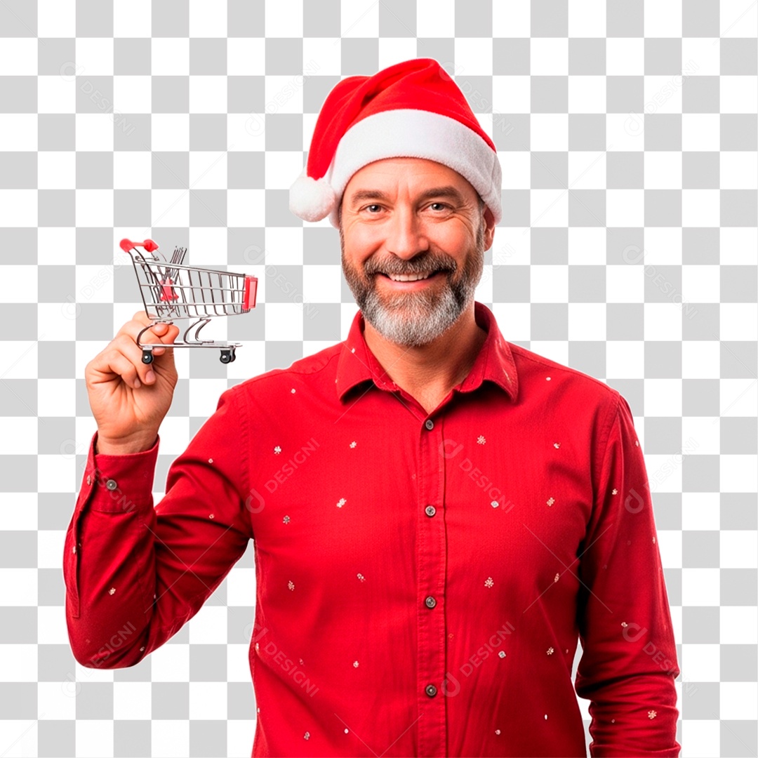 Homem de Gorro Natalino Segurando Carinho PNG Transparente