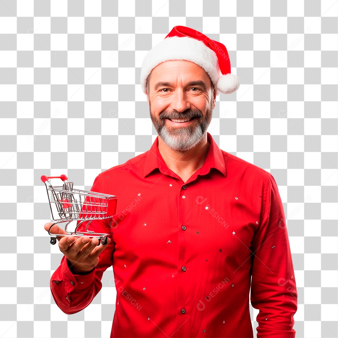 Homem de Gorro Natalino Segurando Carinho PNG Transparente