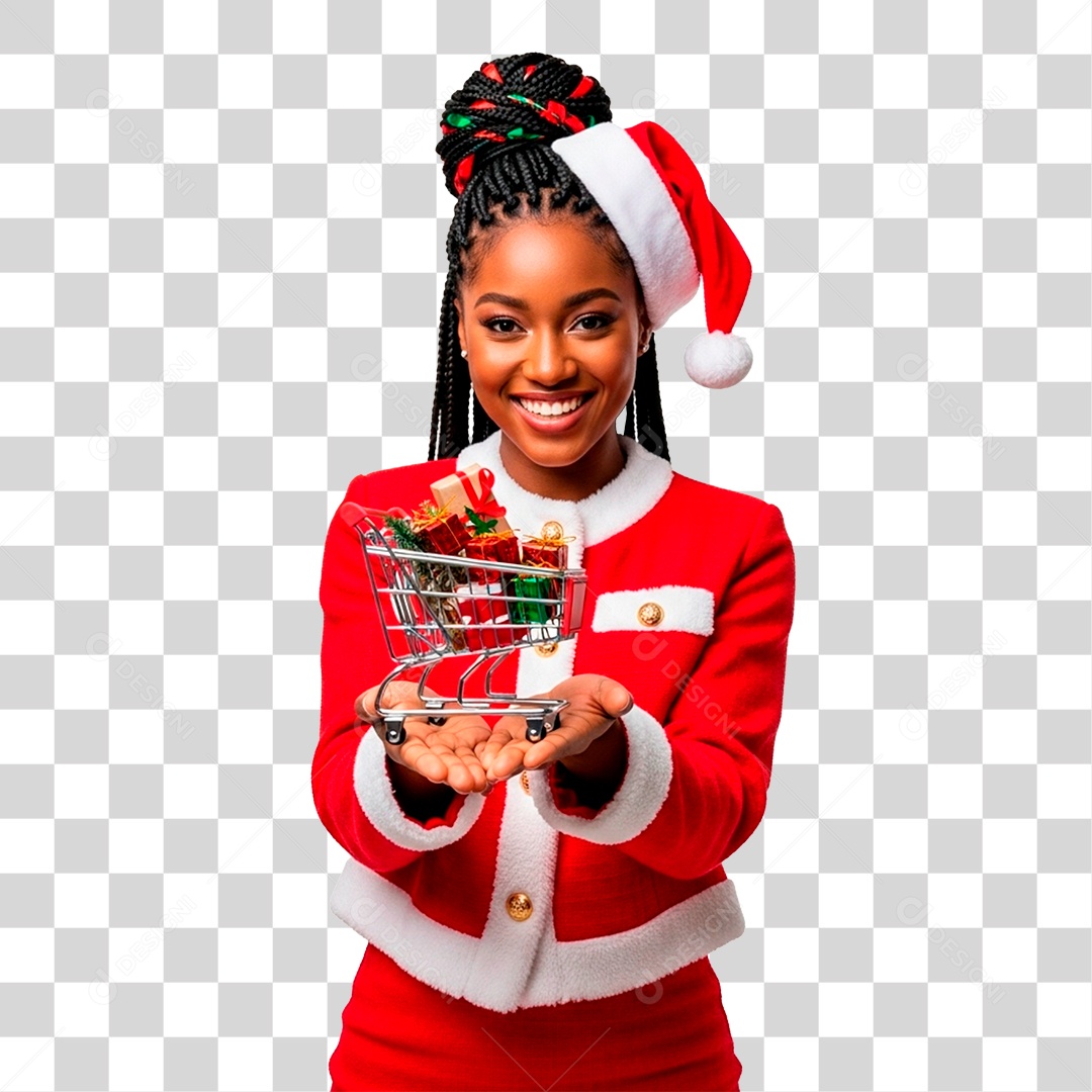 Mulher de Gorro Natalino Segurando Carinho PNG Transparente