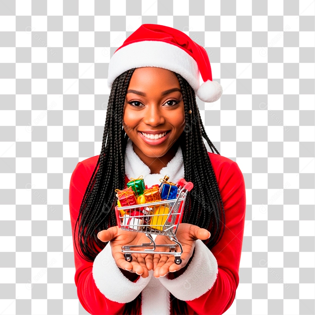 Mulher de Gorro Natalino Segurando Carinho PNG Transparente