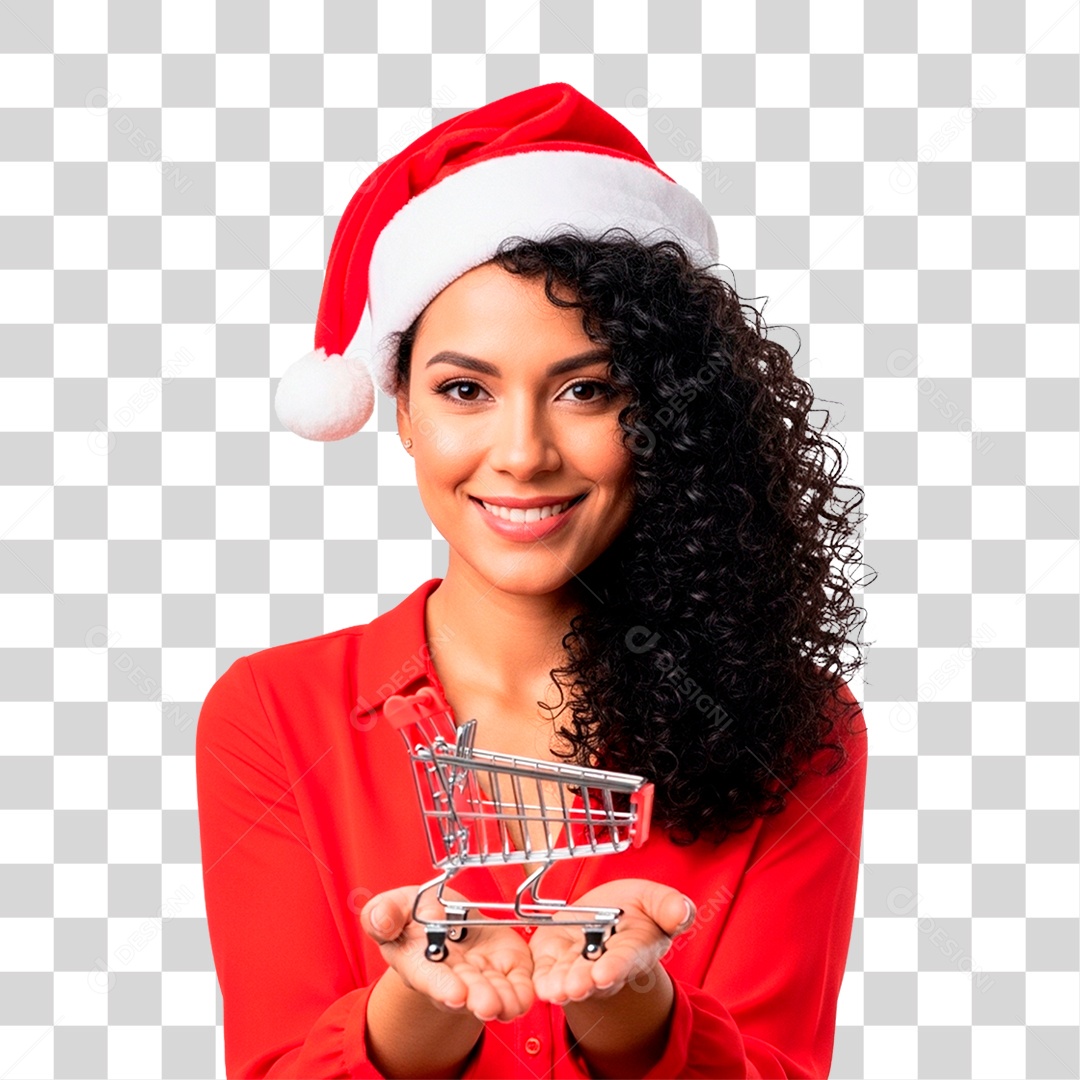 Mulher de Gorro Natalino Segurando Carinho PNG Transparente