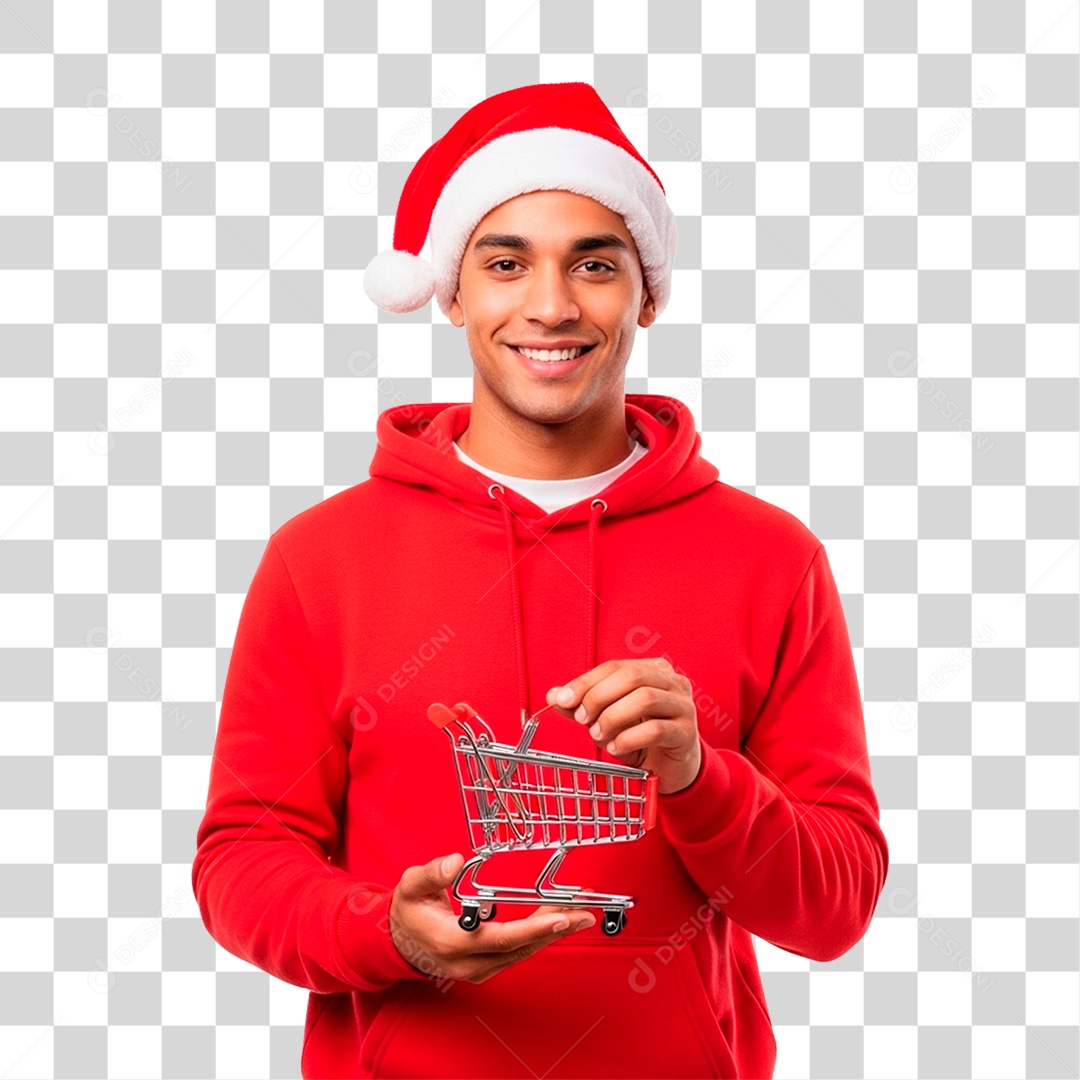 Homem de Gorro Natalino Segurando Carinho PNG Transparente