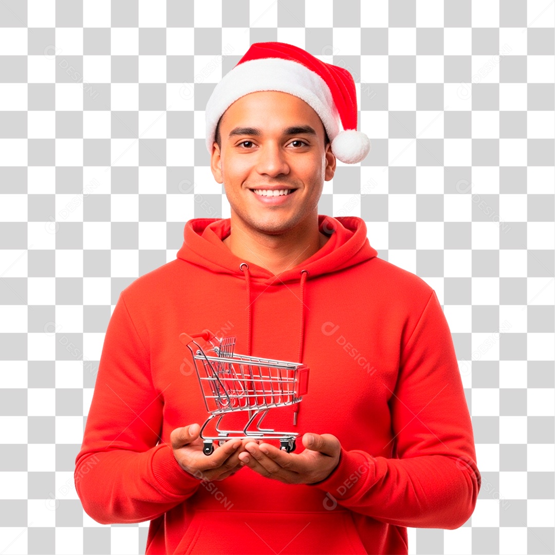 Homem de Gorro Natalino Segurando Carinho PNG Transparente