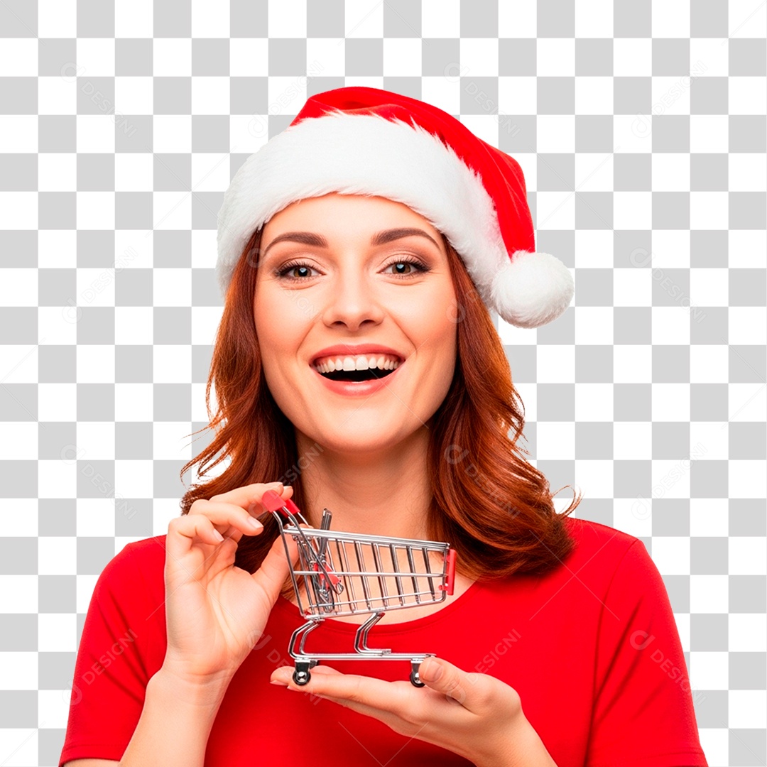 Mulher de Gorro Natalino Segurando Carinho PNG Transparente