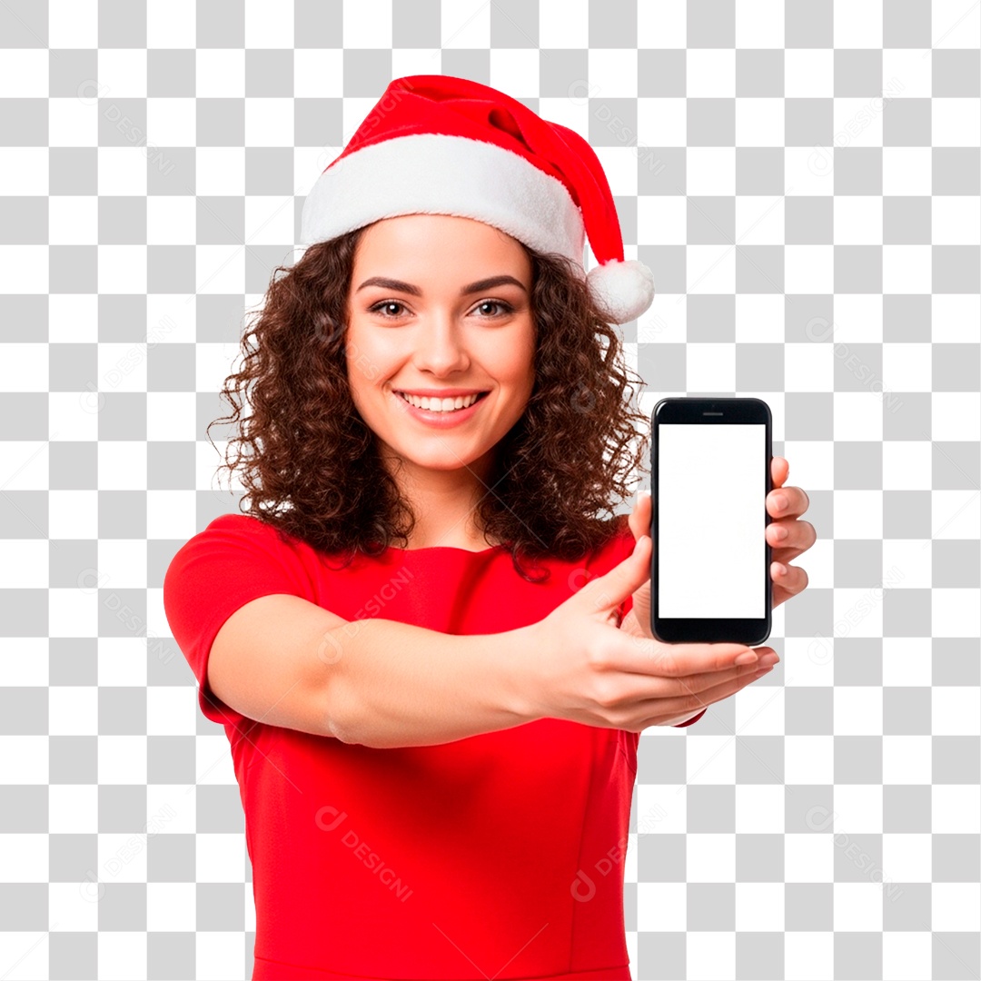 Mulher de Gorro Natalino Segurando Celular PNG Transparente