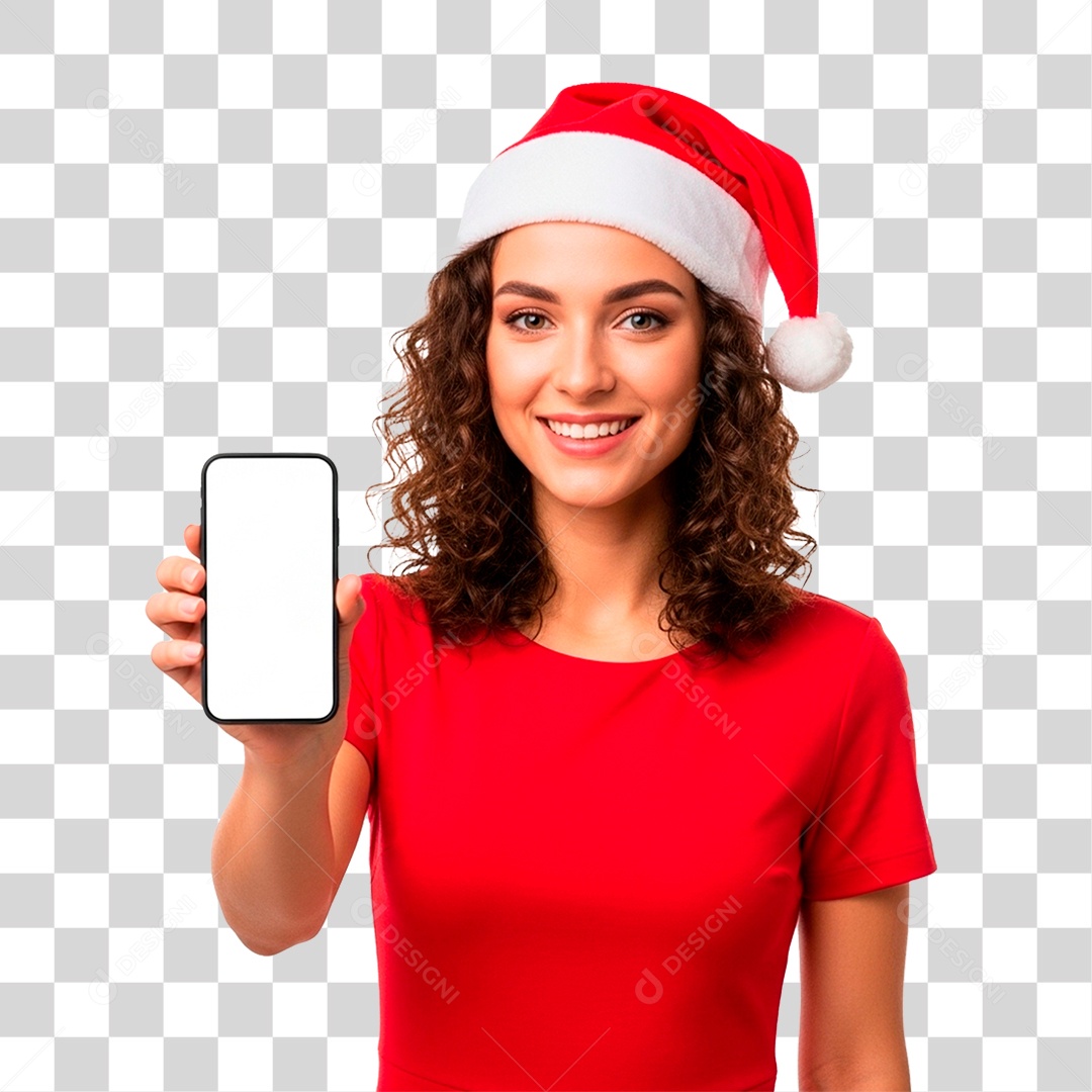 Mulher de Gorro Natalino Segurando Celular PNG Transparente