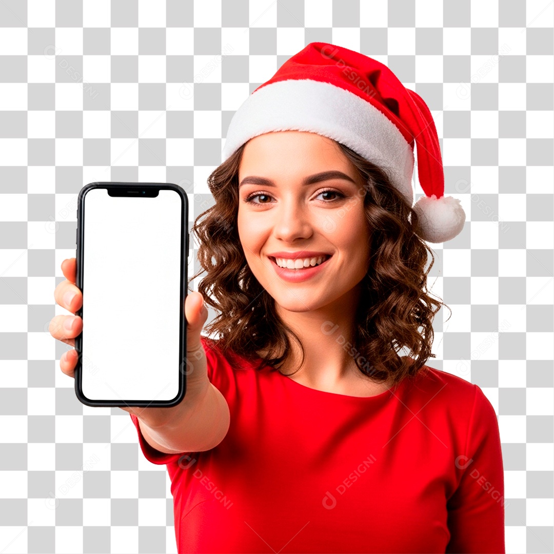 Mulher de Gorro Natalino Segurando Celular PNG Transparente