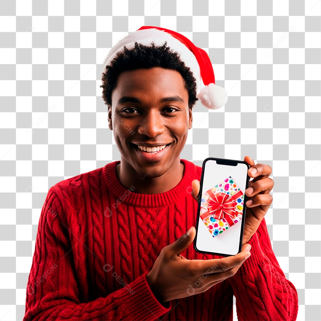 Homem de Gorro Natalino Segurando Celular PNG Transparente