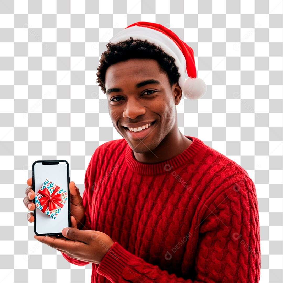 Homem de Gorro Natalino Segurando Celular PNG Transparente