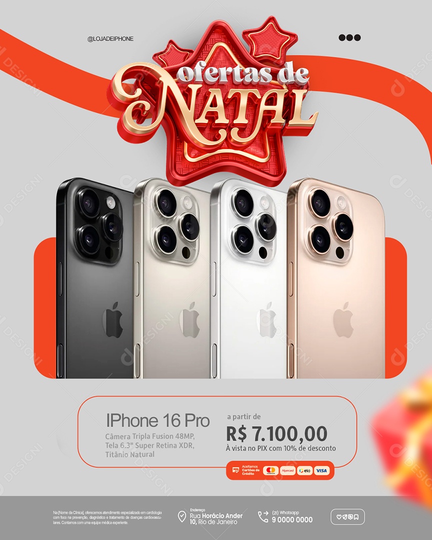 Ofertas de Natal Loja de Celulares Iphone 16 Pro Social Media PSD Editável