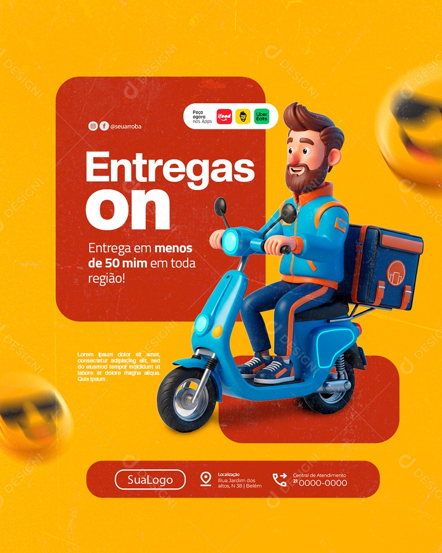 Delivery Entregas On Entrega em Menos de 50 Min Social Media PSD Editável