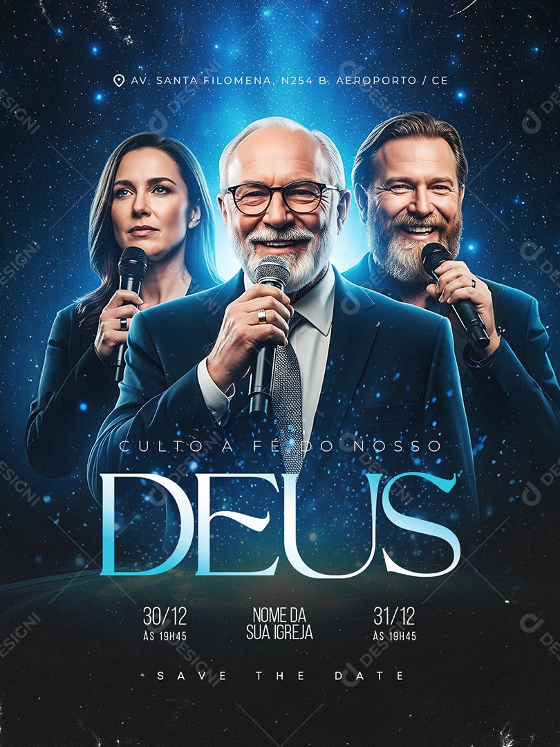Flyer Gospel Culto Evangélico Culto a Fé do Nosso Deus Social Media PSD Editável