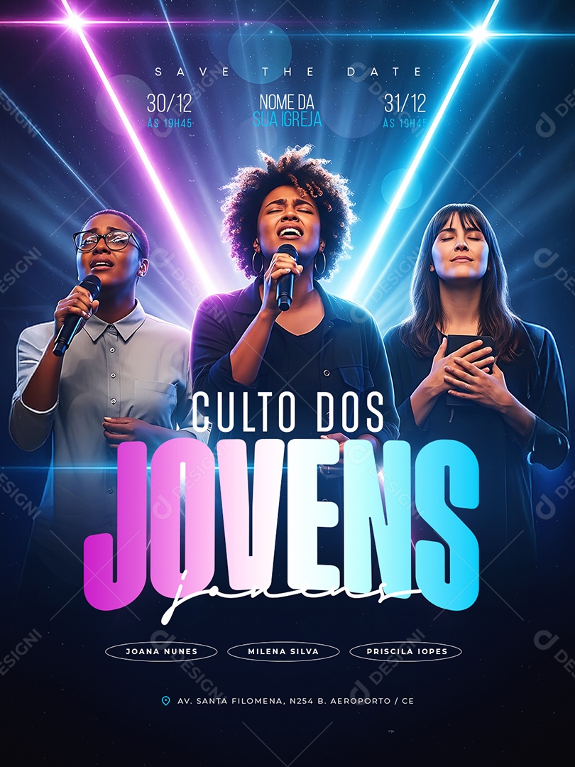 Flyer Gospel Culto Evangélico Culto dos Jovens Social Media PSD Editável