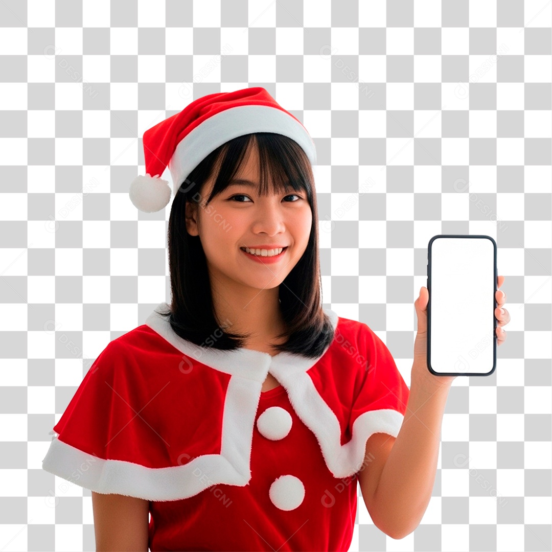 Mulher de Gorro Natalino Segurando Celular PNG Transparente
