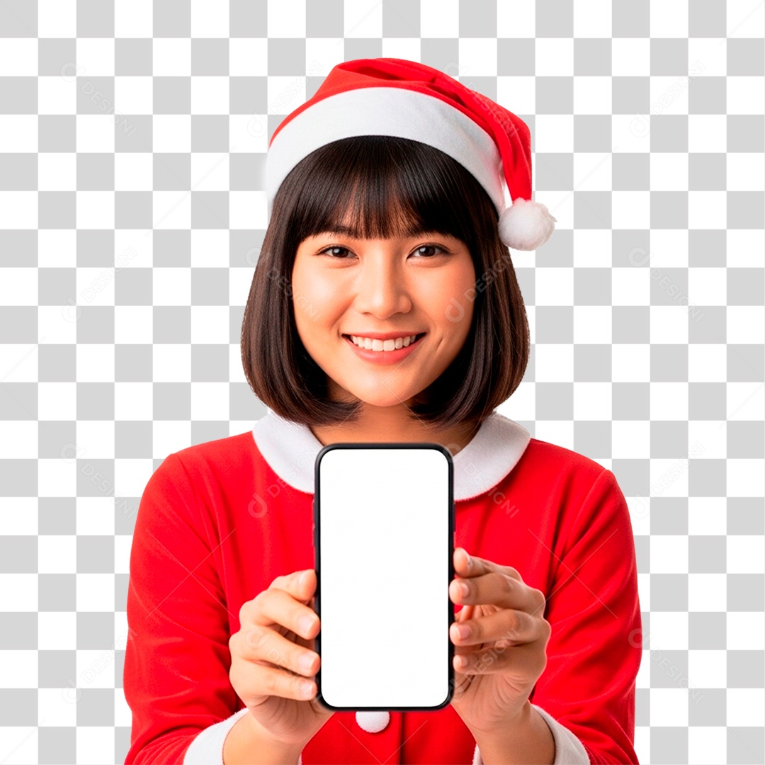 Mulher de Gorro Natalino Segurando Celular PNG Transparente