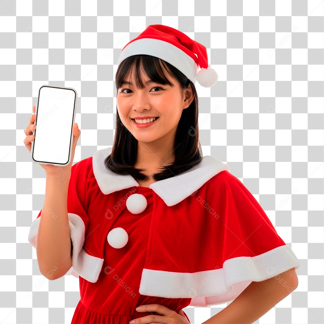 Mulher de Gorro Natalino Segurando Celular PNG Transparente