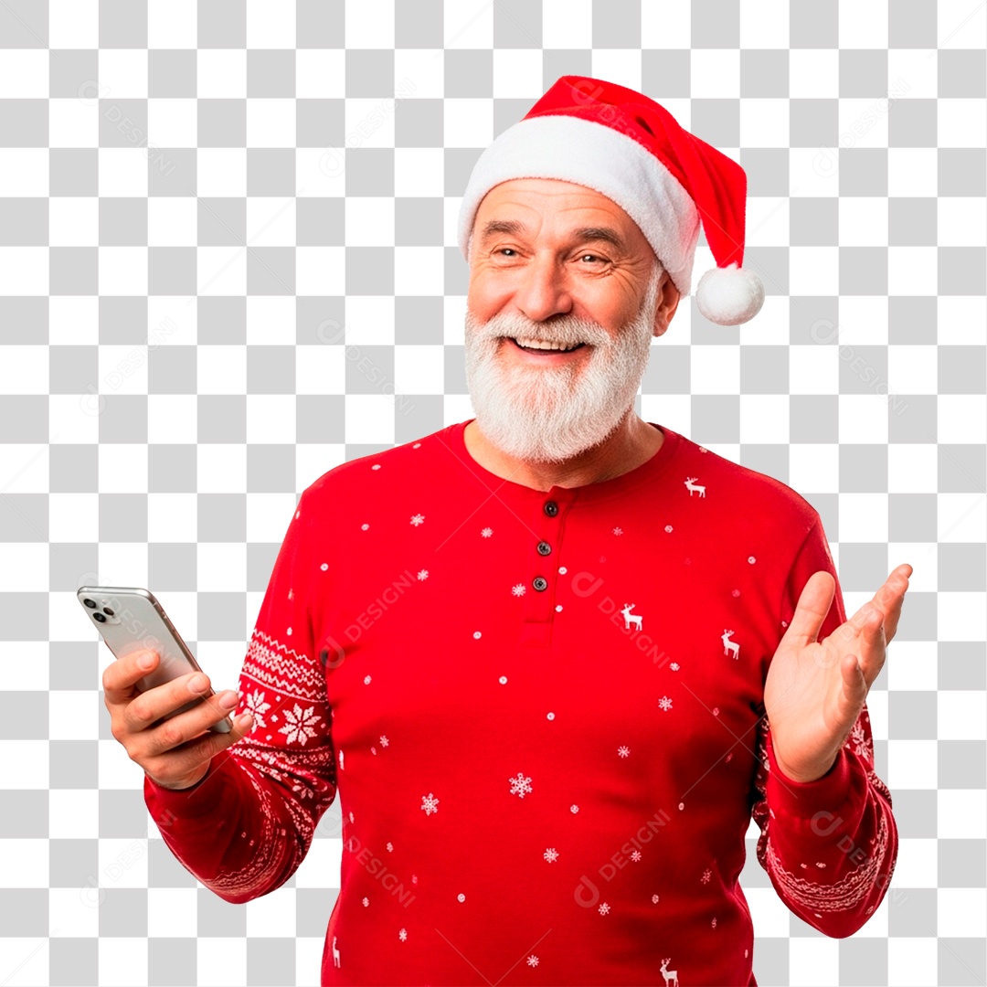 Homem de Gorro Natalino Segurando Celular PNG Transparente