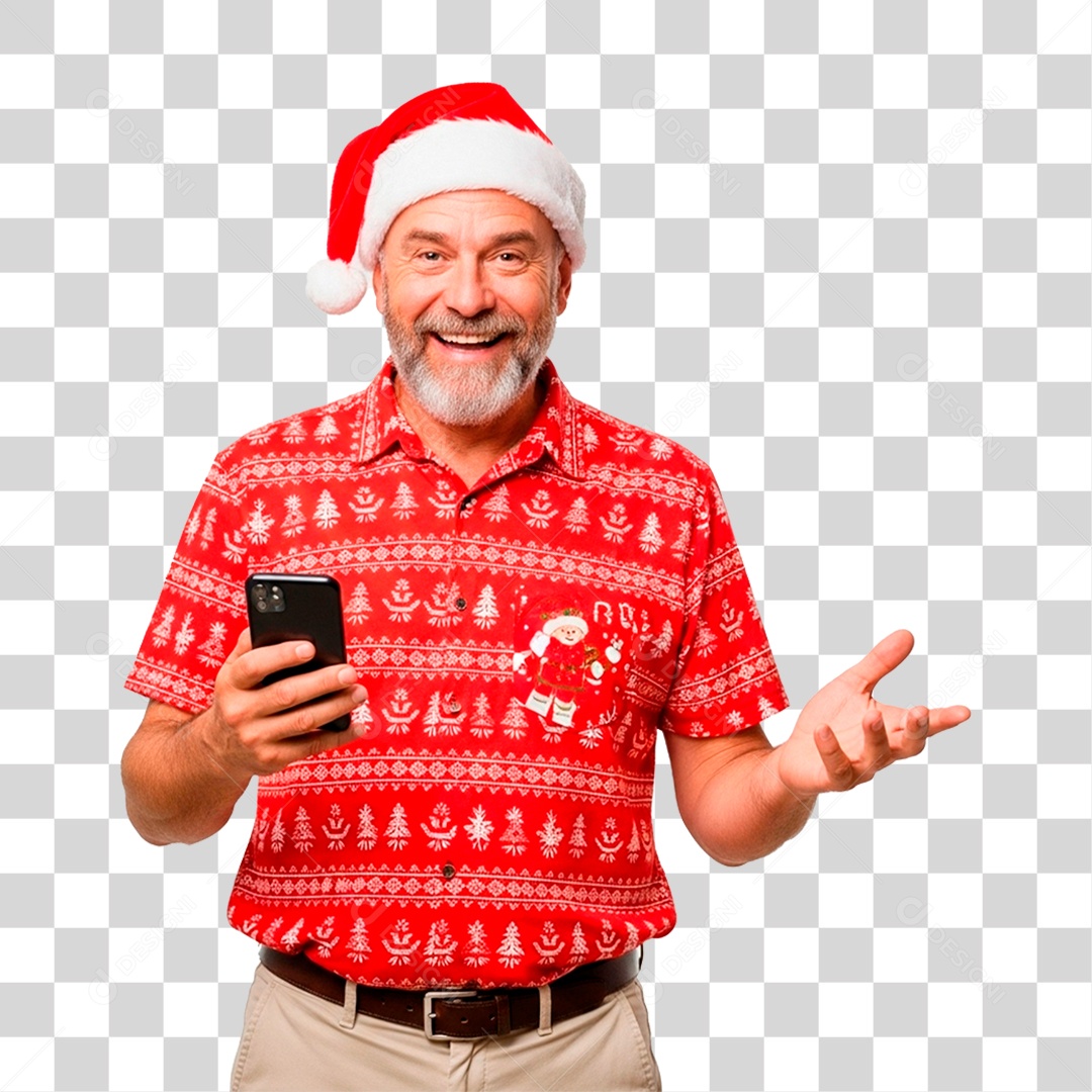 Homem de Gorro Natalino Segurando Celular PNG Transparente