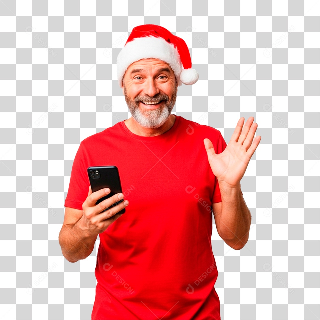 Homem de Gorro Natalino Segurando Celular PNG Transparente