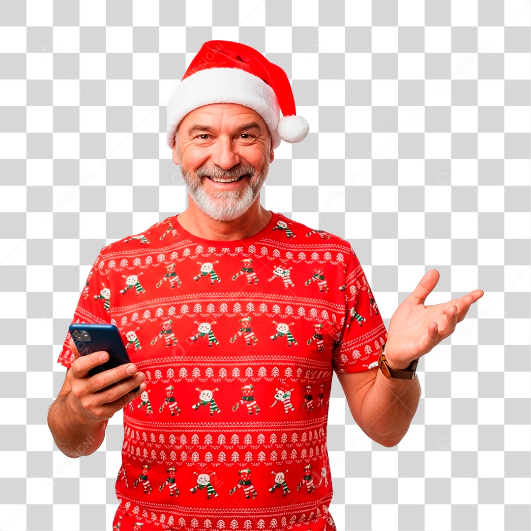 Homem de Gorro Natalino Segurando Celular PNG Transparente